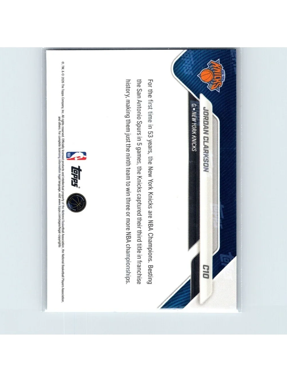2026 Topps Now NBA Jordan Clarkson #C10 New York Knicks Champions